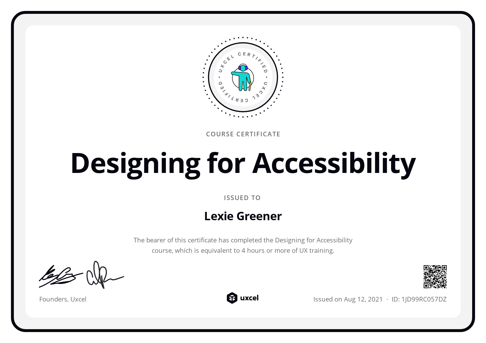 Lexie Greener's certificate
